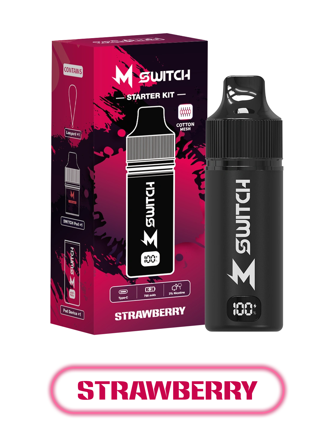 m switch with strawberry flavored e-liquid