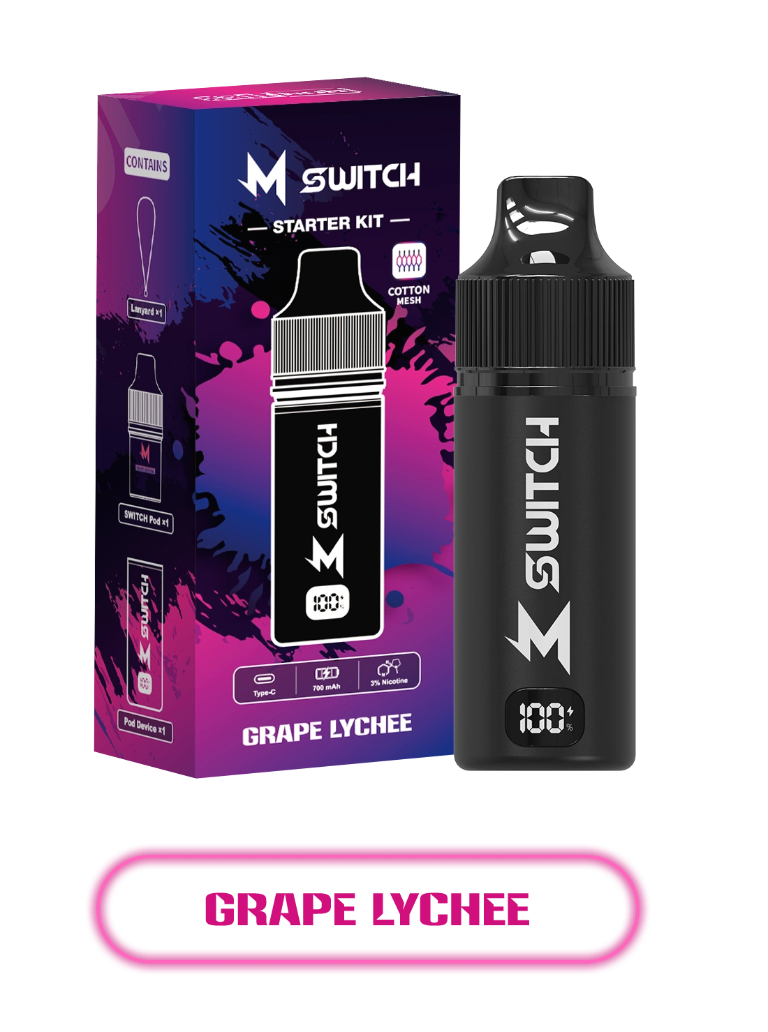 m switch with grape lychee flavored e-liquid