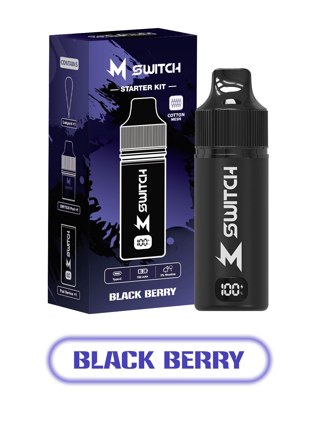 m switch with black berry flavored e-liquid