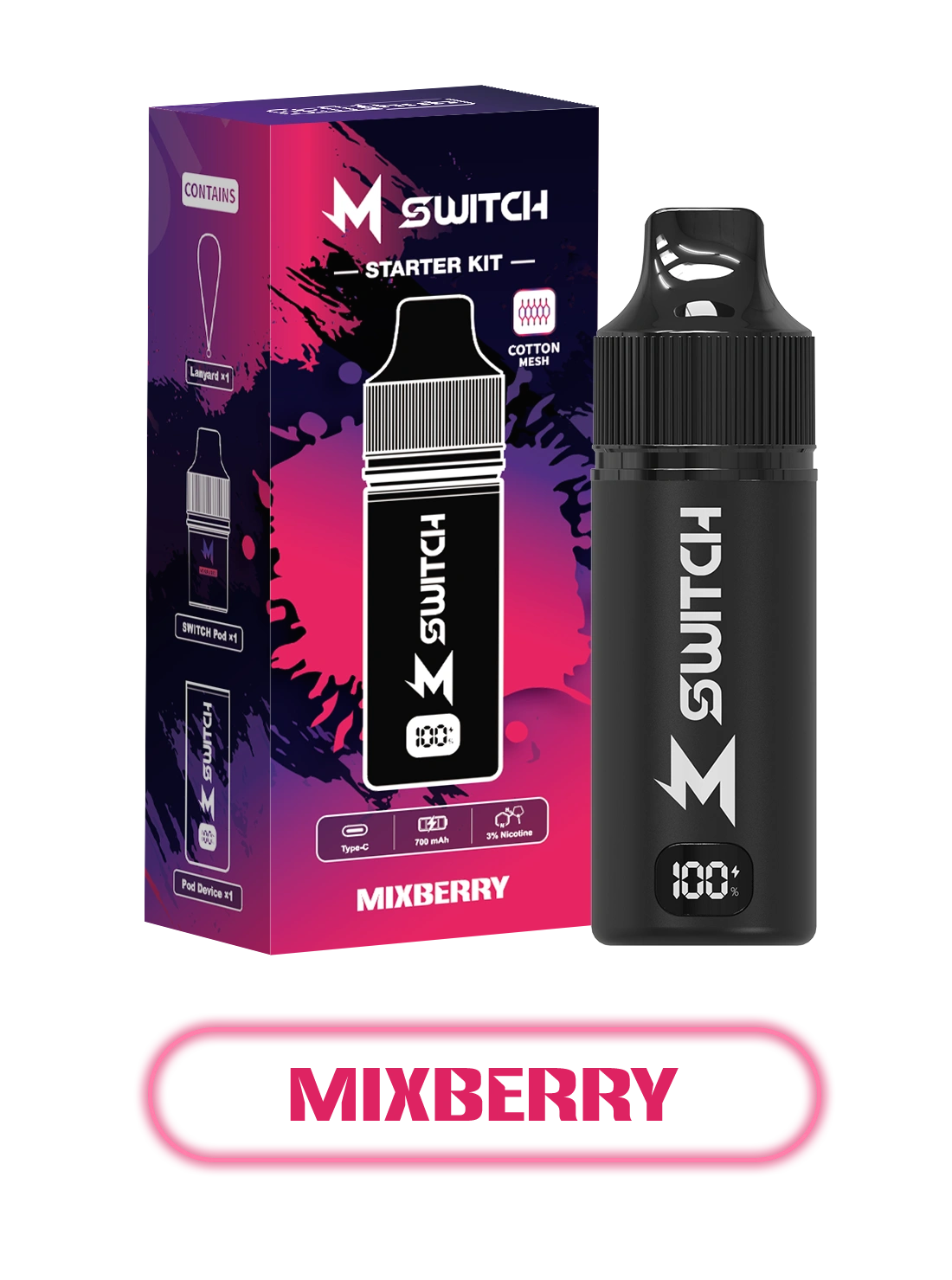 m switch with mixberry flavored e-liquid