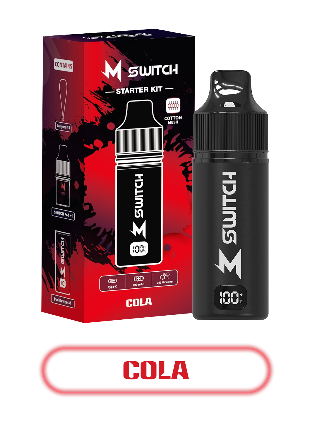 m switch with cola flavored e-liquid