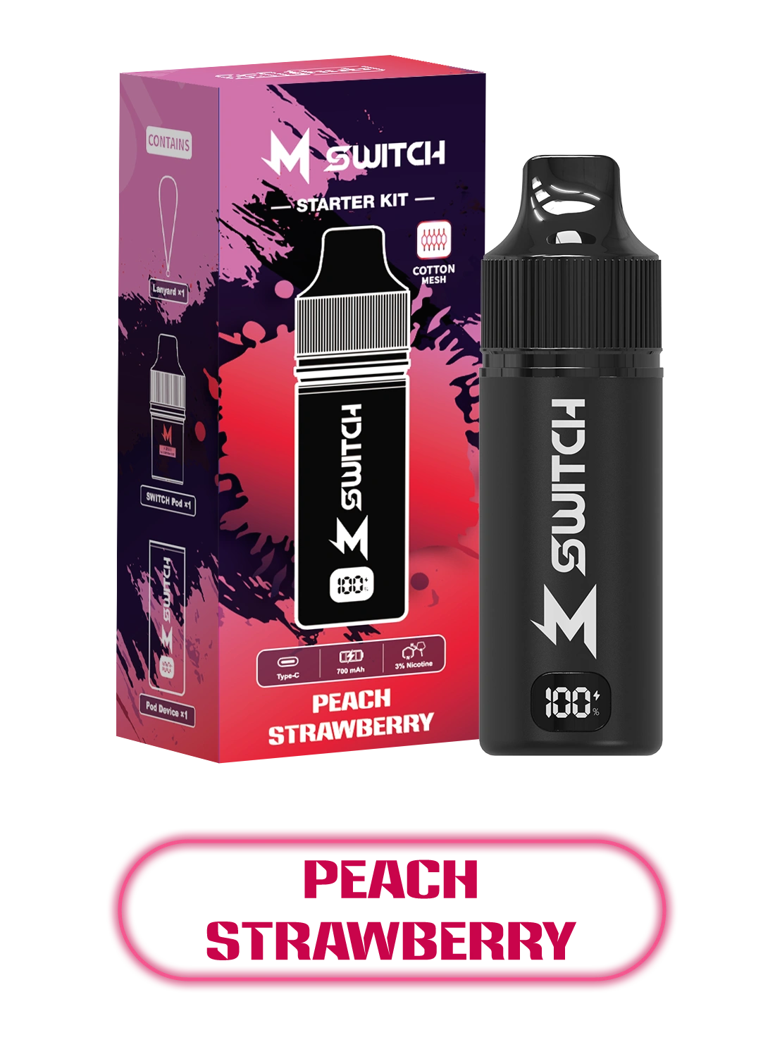 m switch with peach strawberry flavored e-liquid