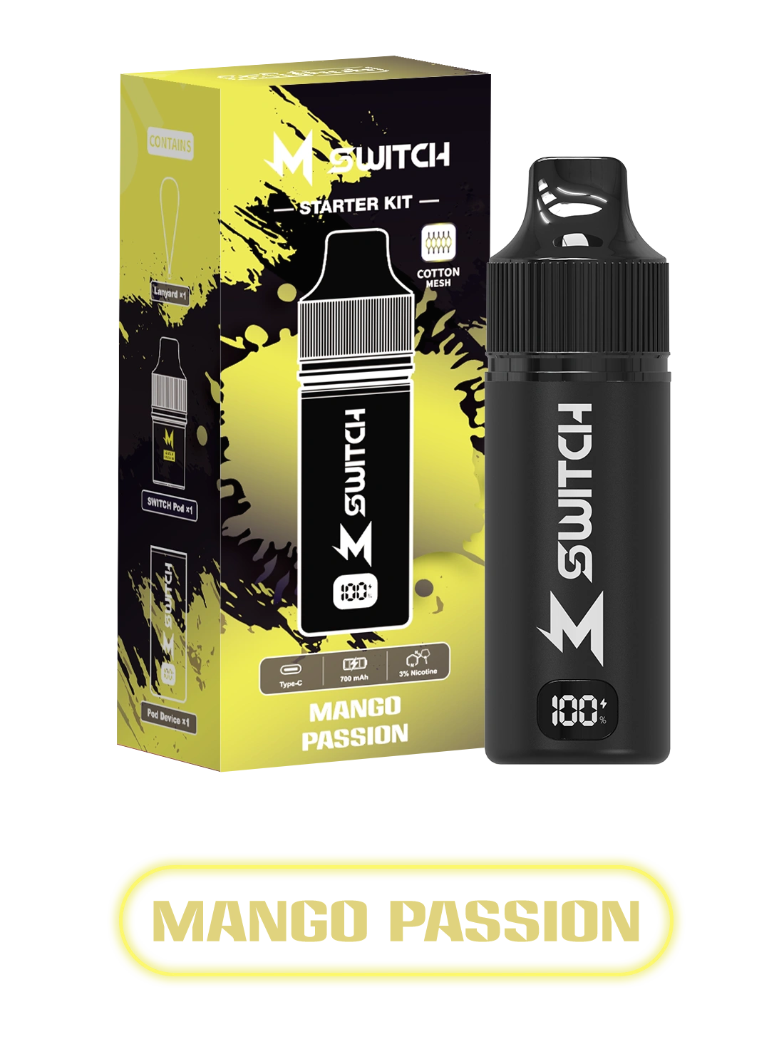 m switch with mango passion flavored e-liquid